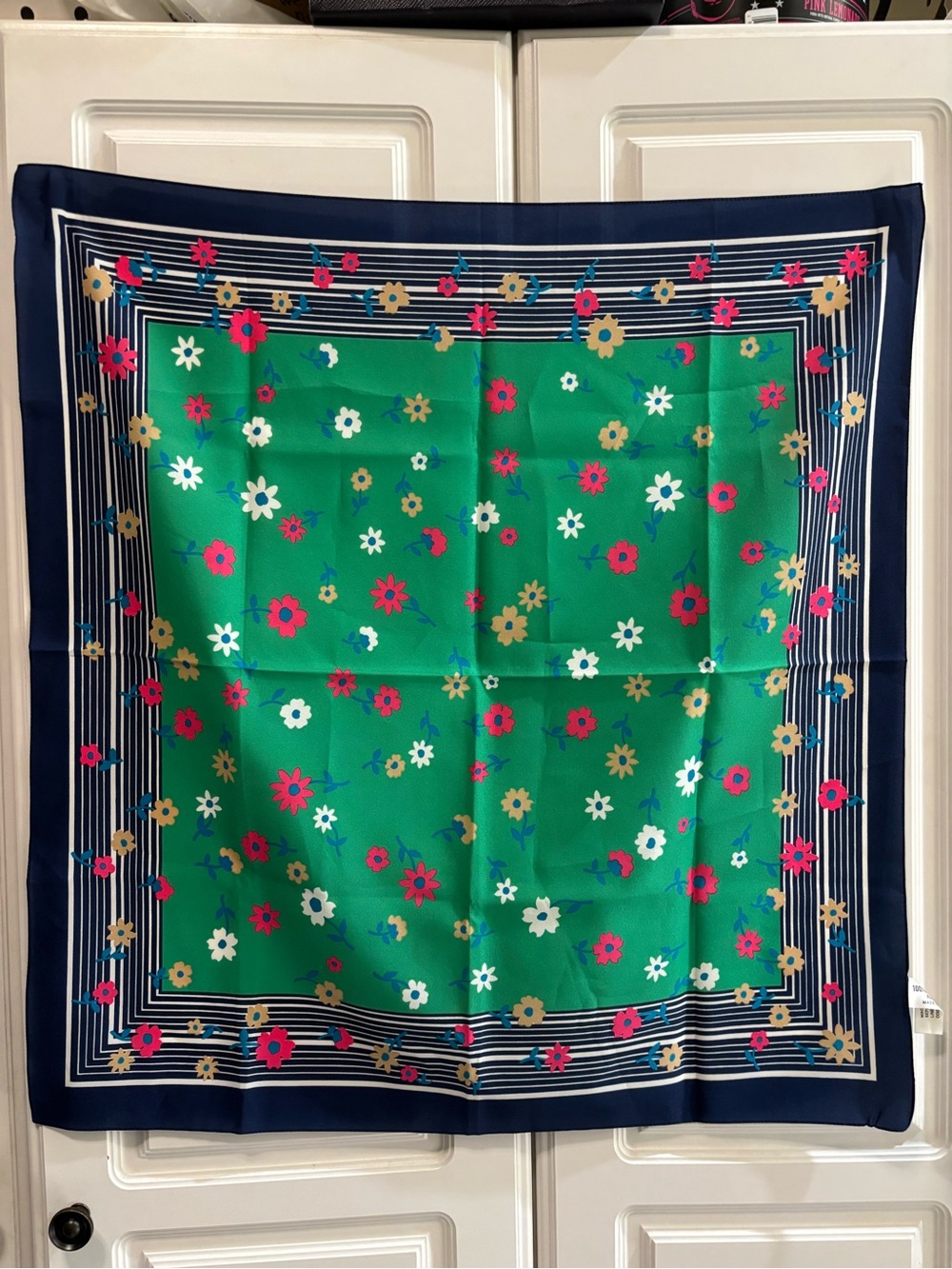 Green Floral Square Scarf with Navy Border 27” square Italy
